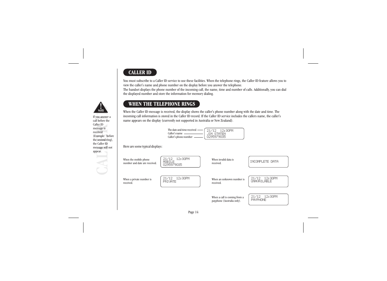 Caller id, When the telephone rings | Uniden XS915 User Manual | Page 18 / 24