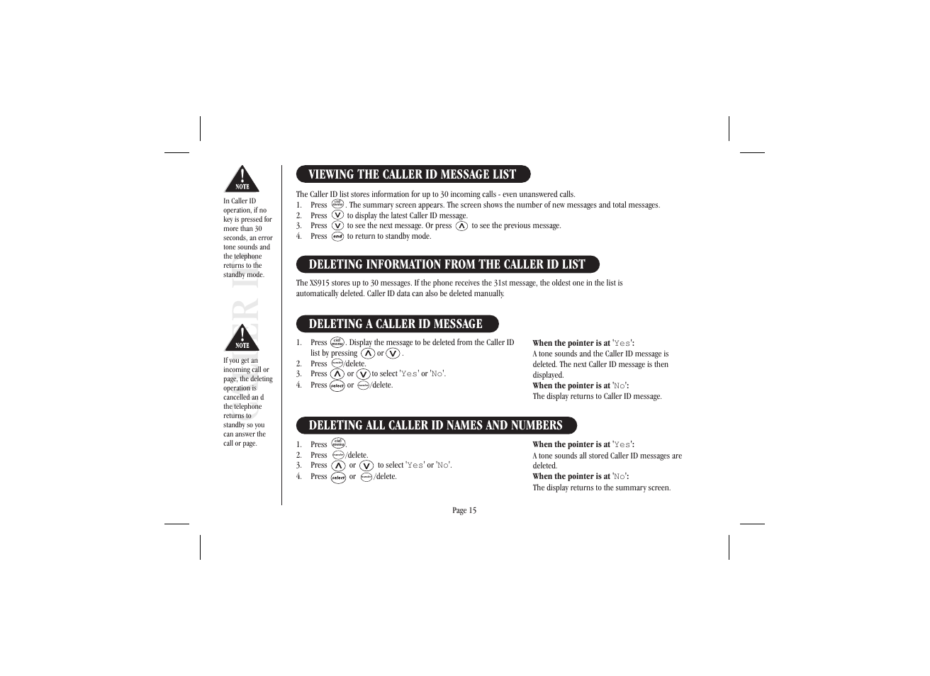 Caller id, Deleting information from the caller id list, Deleting all caller id names and numbers | Uniden XS915 User Manual | Page 19 / 24