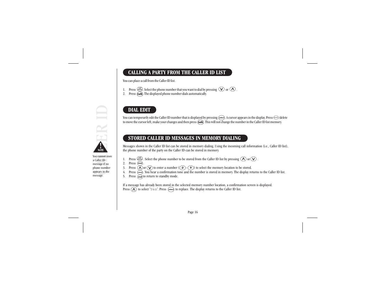 Caller id, Calling a party from the caller id list, Dial edit | Uniden XS915 User Manual | Page 20 / 24