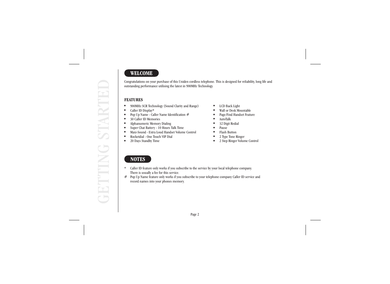 Get ting st ar ted | Uniden XS915 User Manual | Page 6 / 24