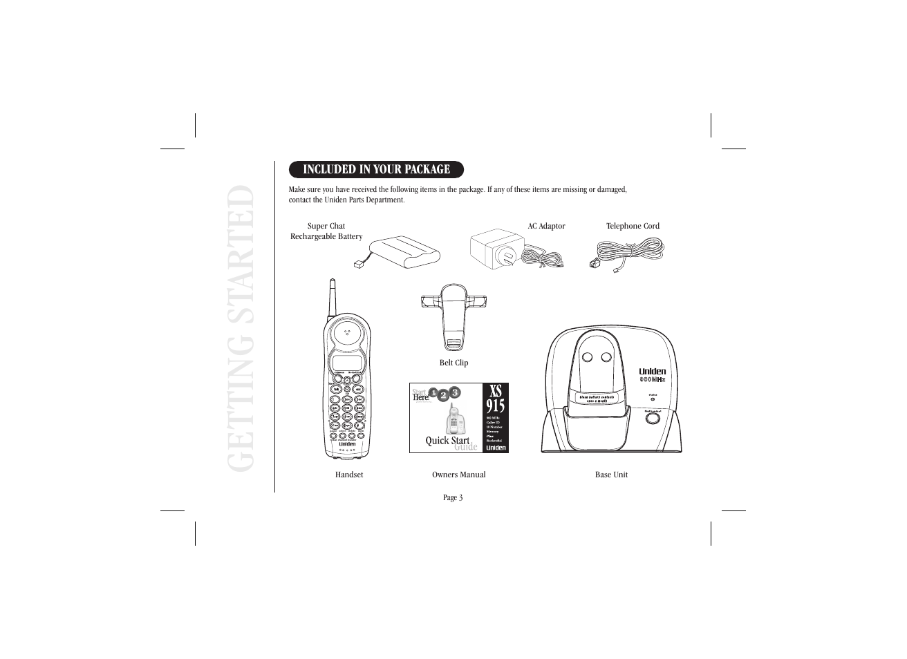 Get ting st ar ted | Uniden XS915 User Manual | Page 7 / 24