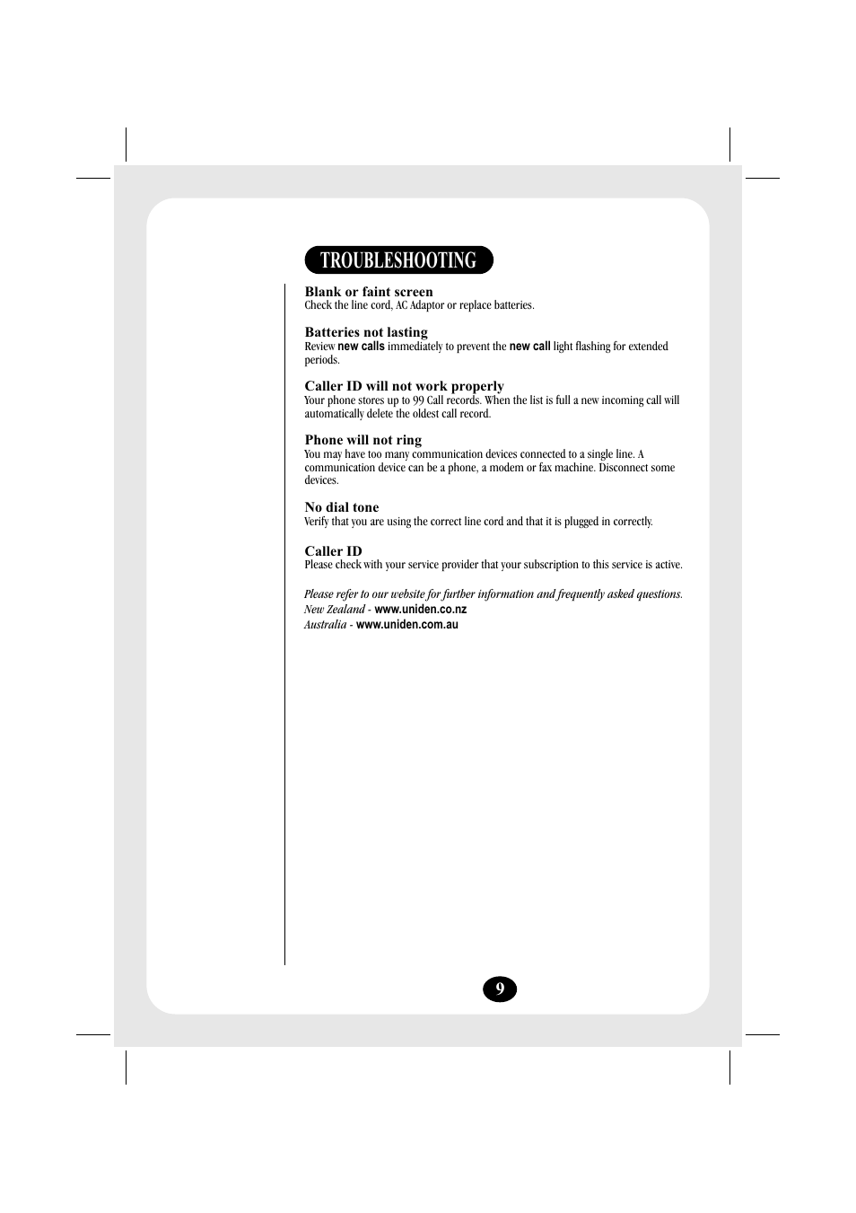 Troubleshooting | Uniden FP203 User Manual | Page 10 / 12