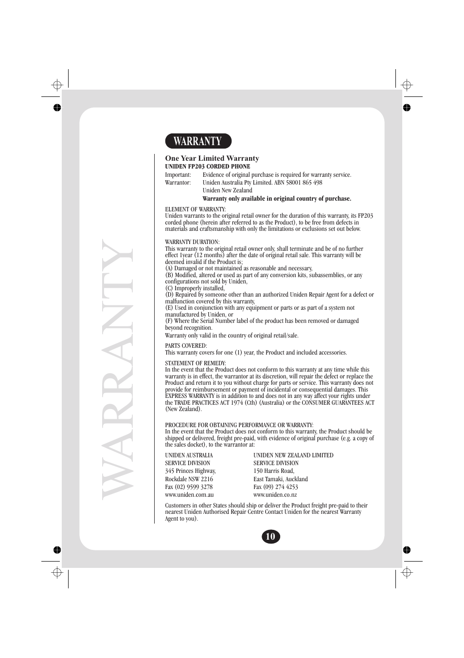 Warranty | Uniden FP203 User Manual | Page 11 / 12
