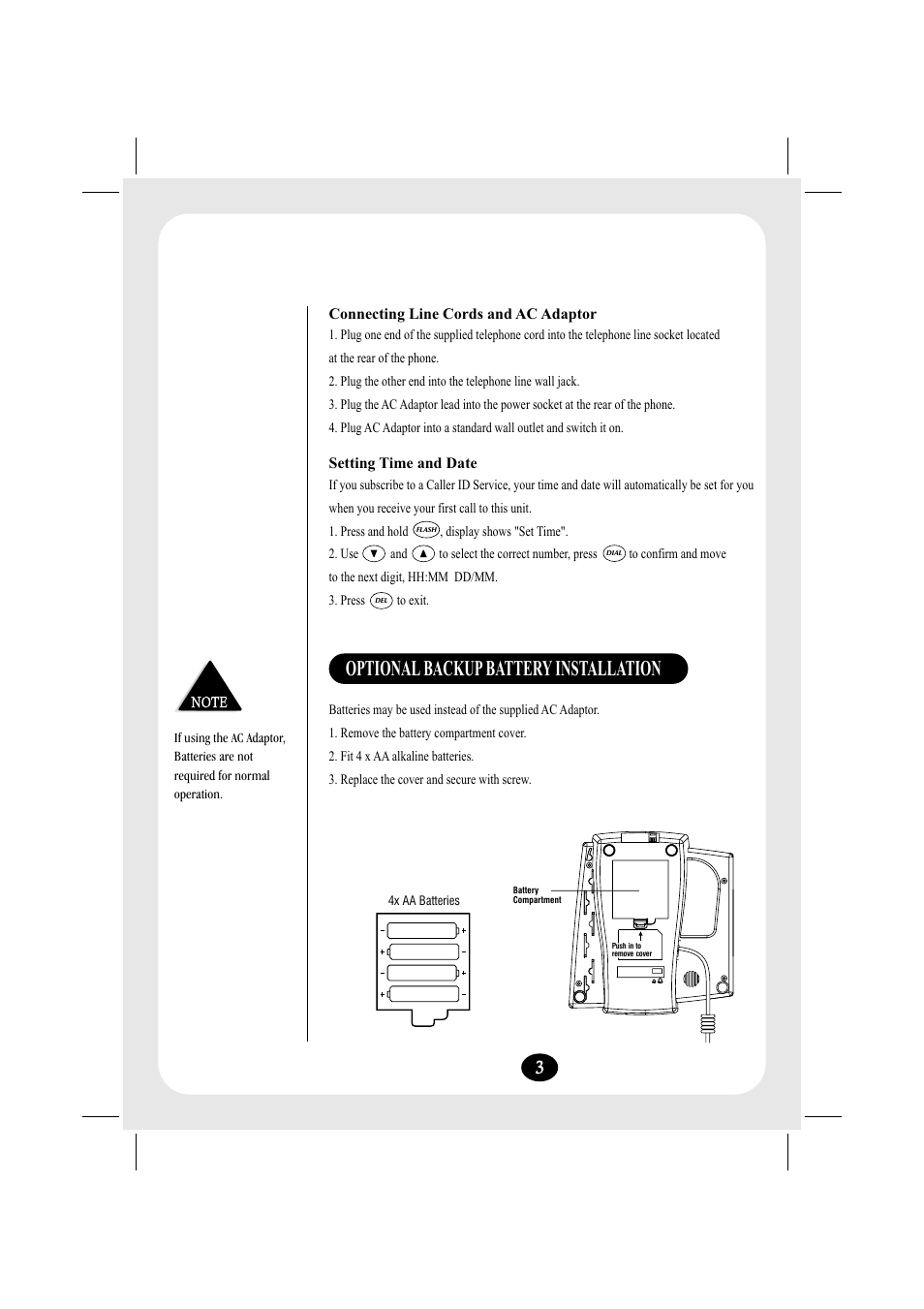 Optionalbackupbattery installation, Connecting line cords and ac adaptor, Setting time and date | Uniden FP203 User Manual | Page 4 / 12