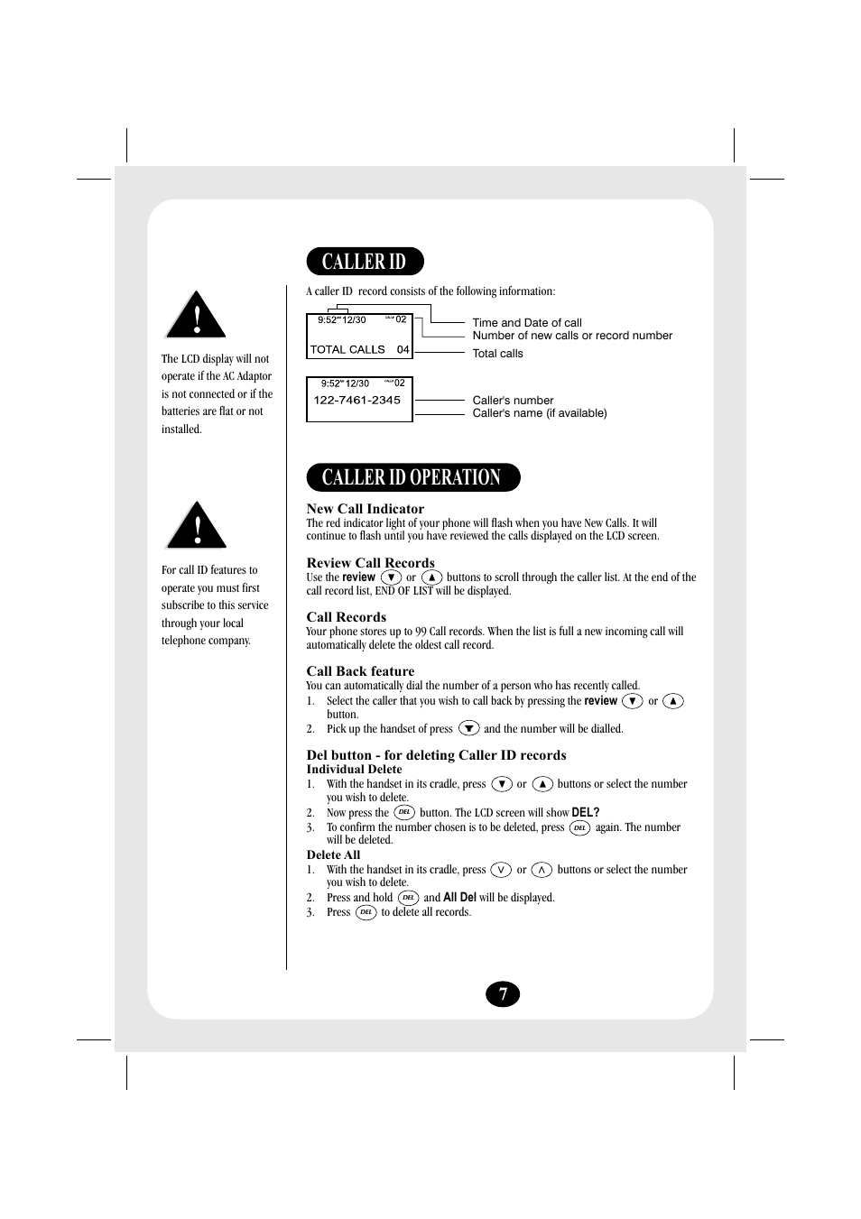 Caller id operation, Caller id | Uniden FP203 User Manual | Page 8 / 12