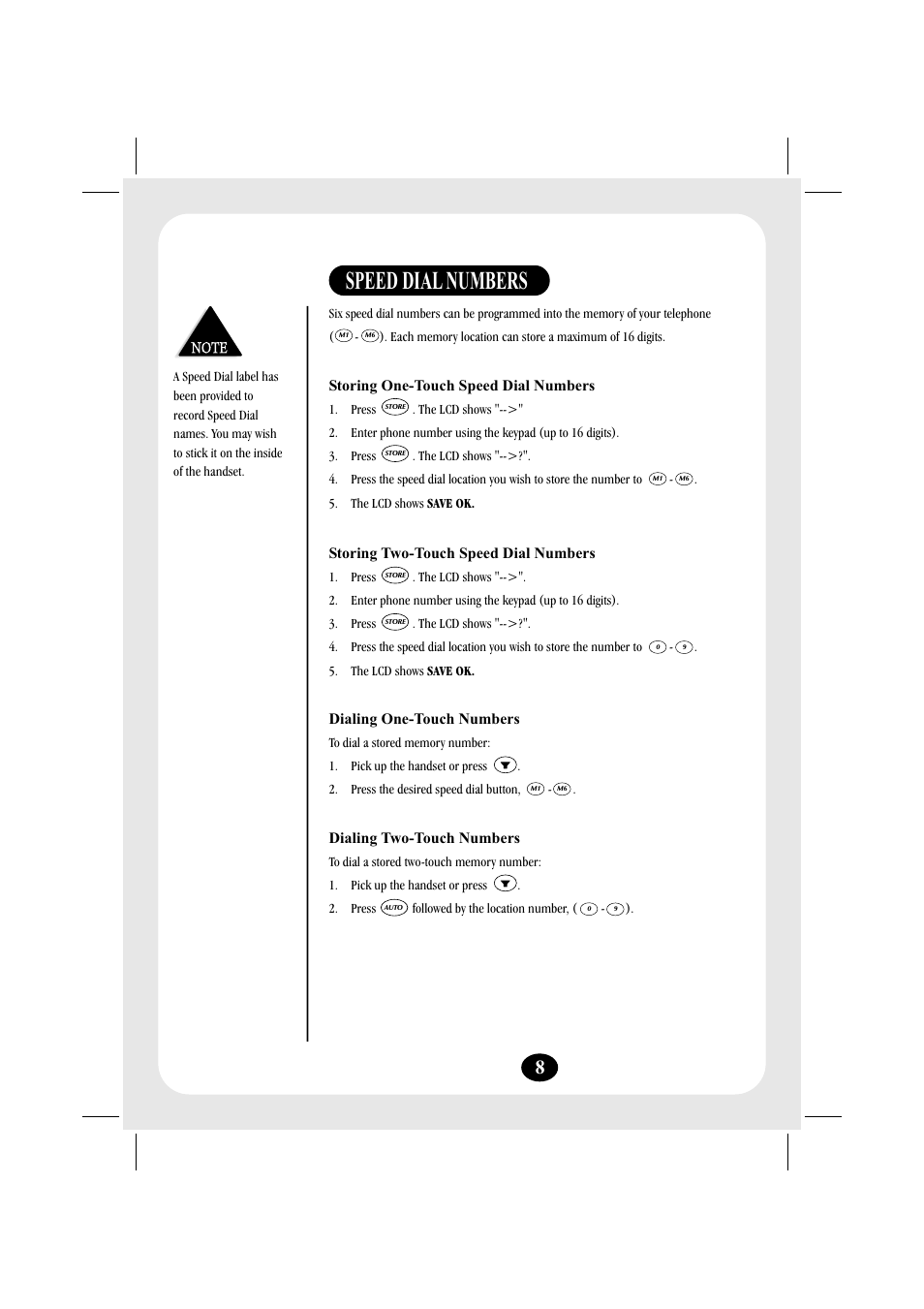 Speed dialnumbers | Uniden FP203 User Manual | Page 9 / 12