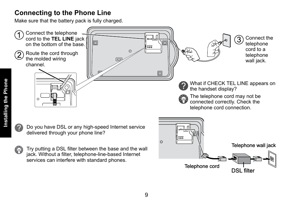 Connecting to the phone line, Connecting.to.the.phone.line | Uniden DECT3080 User Manual | Page 10 / 68
