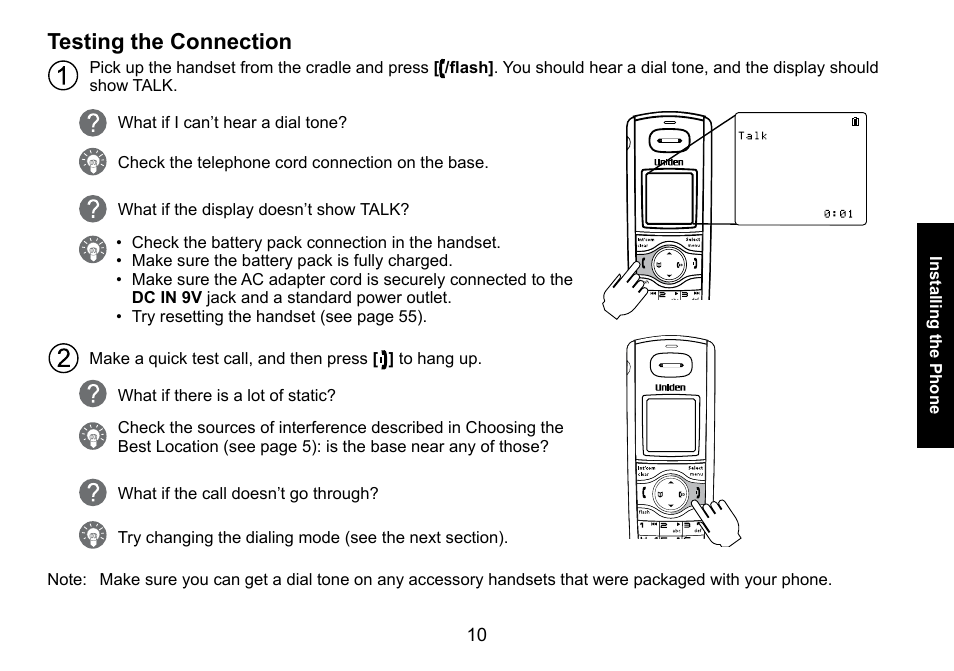 Testing the connection | Uniden DECT3080 User Manual | Page 11 / 68