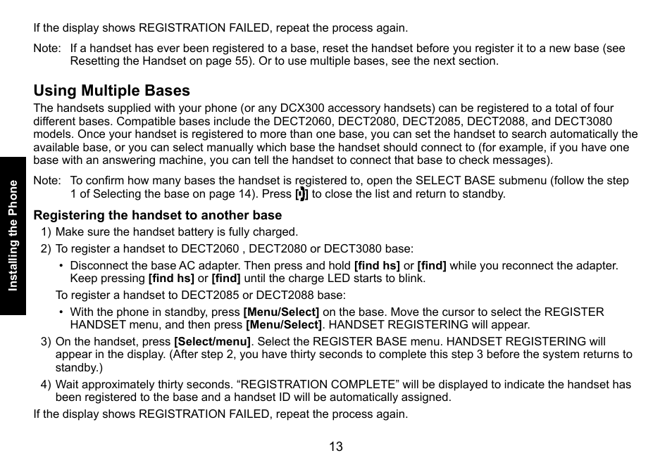 Using multiple bases, Registering the handset to another base | Uniden DECT3080 User Manual | Page 14 / 68