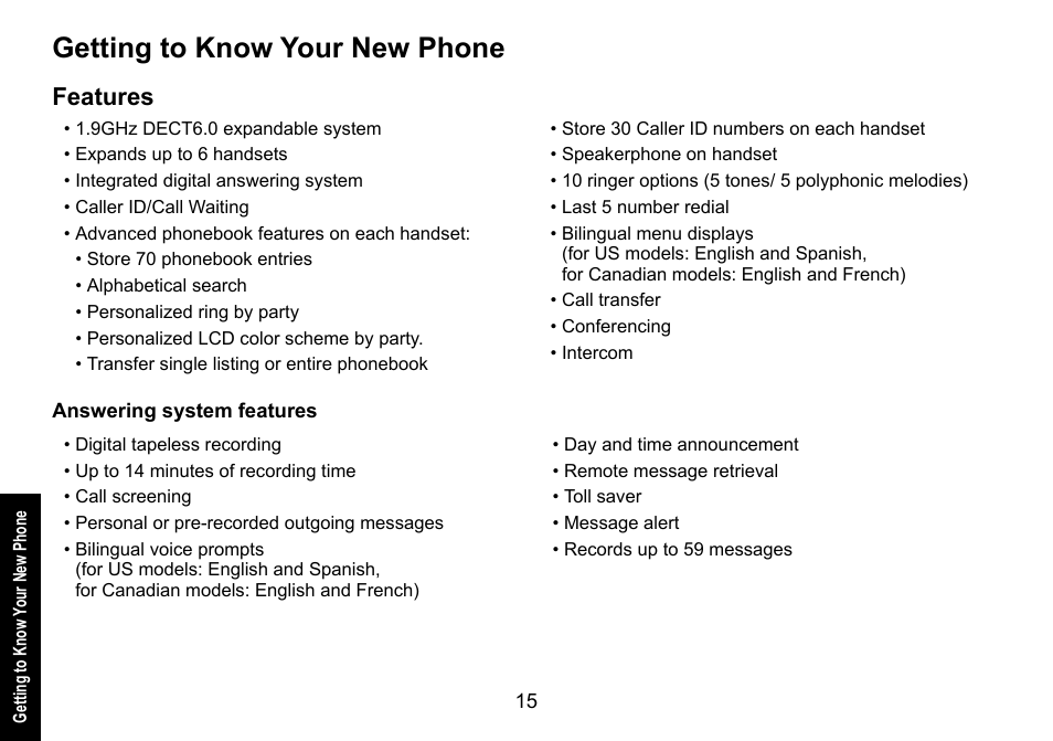 Getting to know your new phone, Features, Answering system features | Uniden DECT3080 User Manual | Page 16 / 68