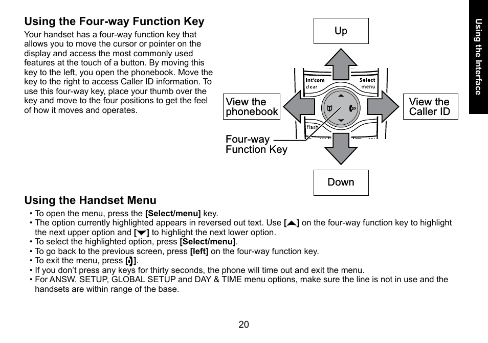 Using the four-way function key, Using the handset menu | Uniden DECT3080 User Manual | Page 21 / 68