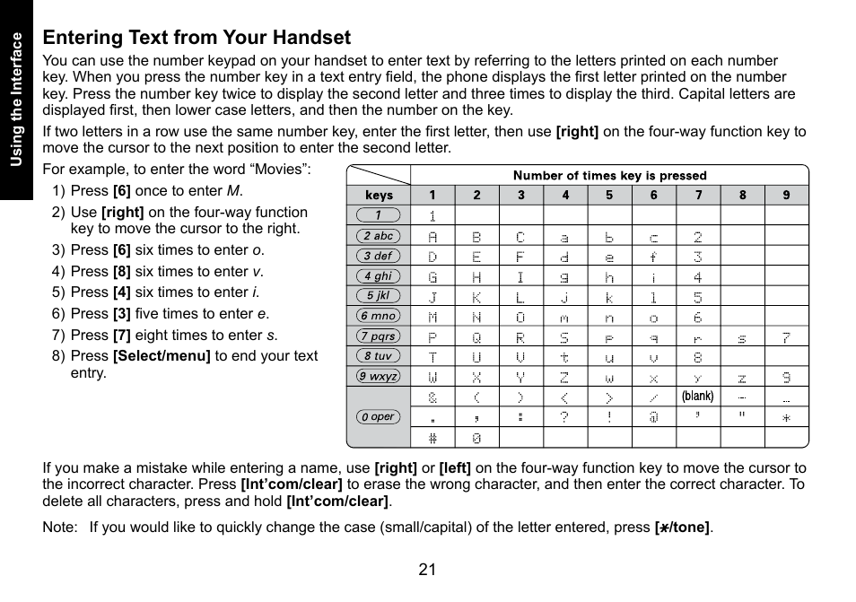 Entering text from your handset, Entering.text.from.your.handset | Uniden DECT3080 User Manual | Page 22 / 68