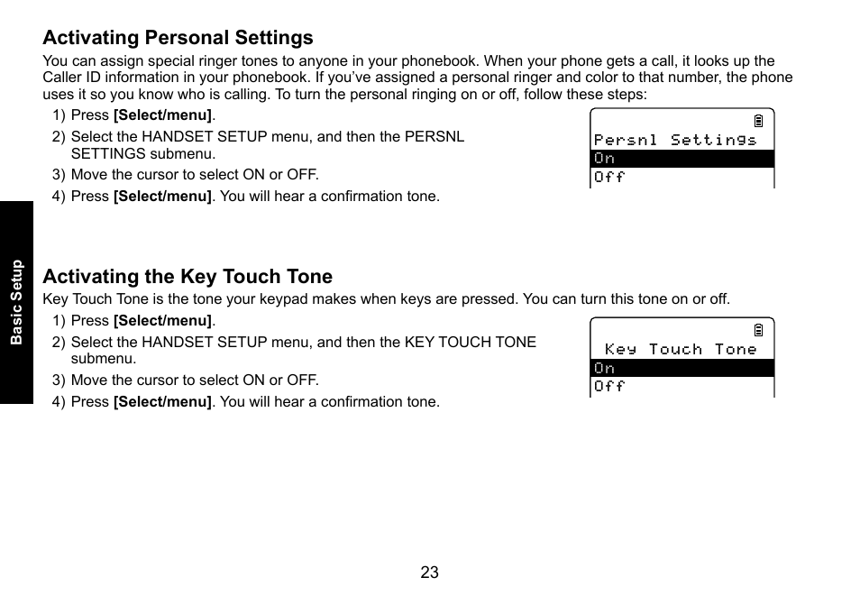 Activating personal settings, Activating the key touch tone | Uniden DECT3080 User Manual | Page 24 / 68