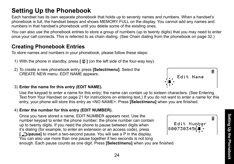 Setting up the phonebook, Creating phonebook entries, Creating.phonebook.entries | Uniden DECT3080 User Manual | Page 25 / 68