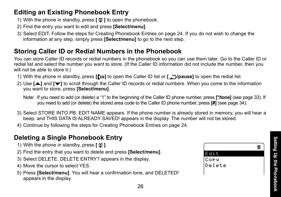 Editing an existing phonebook entry, Deleting a single phonebook entry, Phonebook | Deleting.a.single.phonebook.entry | Uniden DECT3080 User Manual | Page 27 / 68