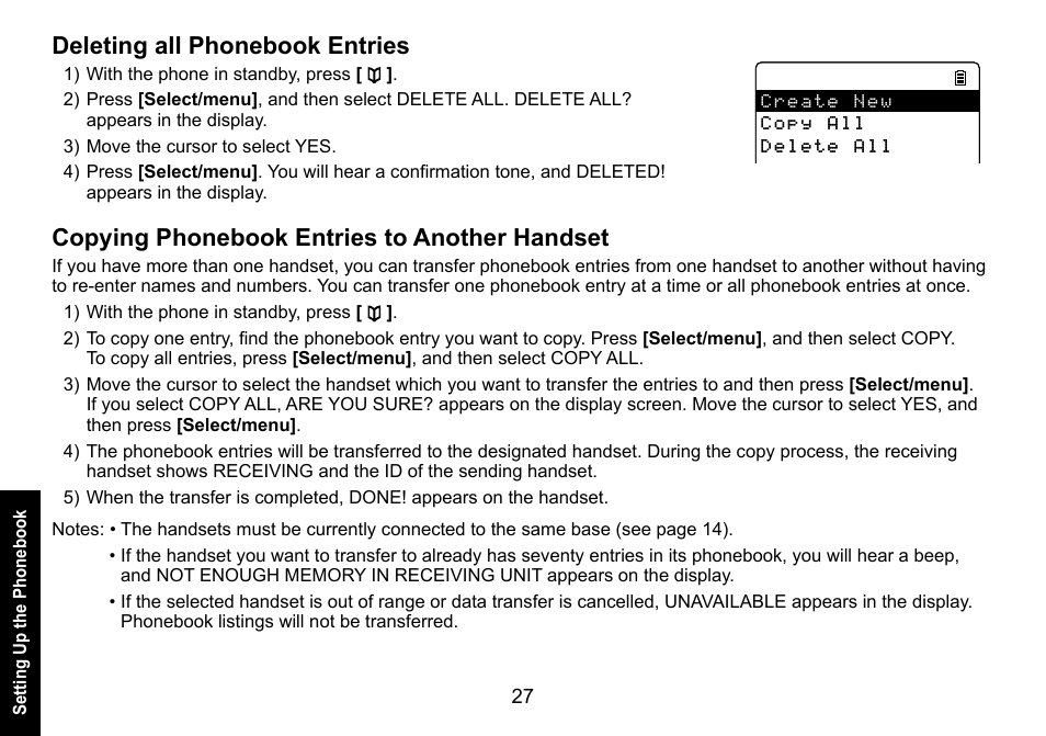 Deleting all phonebook entries, Copying phonebook entries to another handset | Uniden DECT3080 User Manual | Page 28 / 68