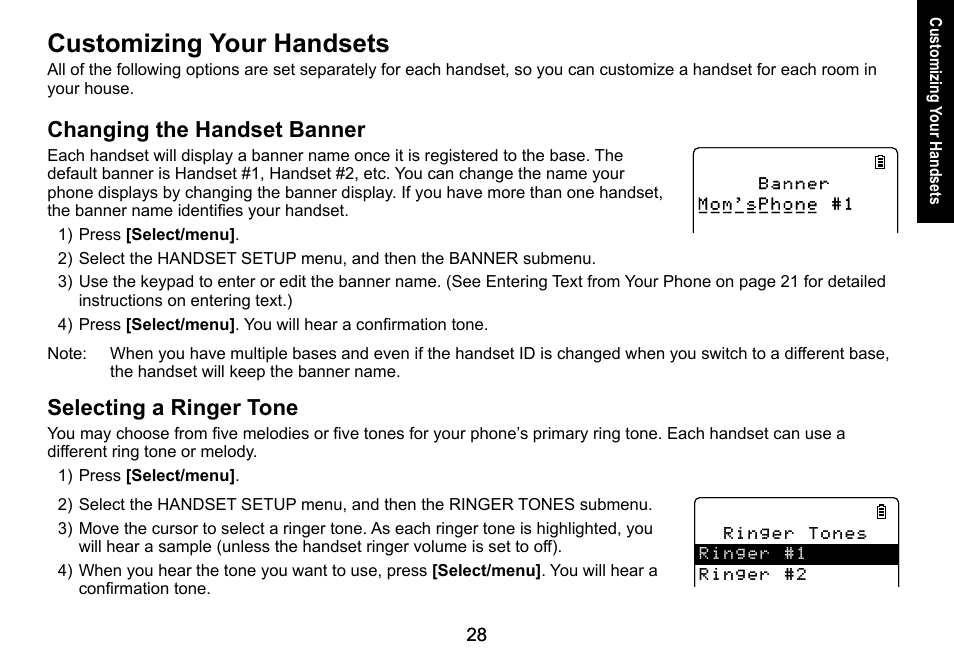 Customizing your handsets, Changing the handset banner, Selecting a ringer tone | Uniden DECT3080 User Manual | Page 29 / 68