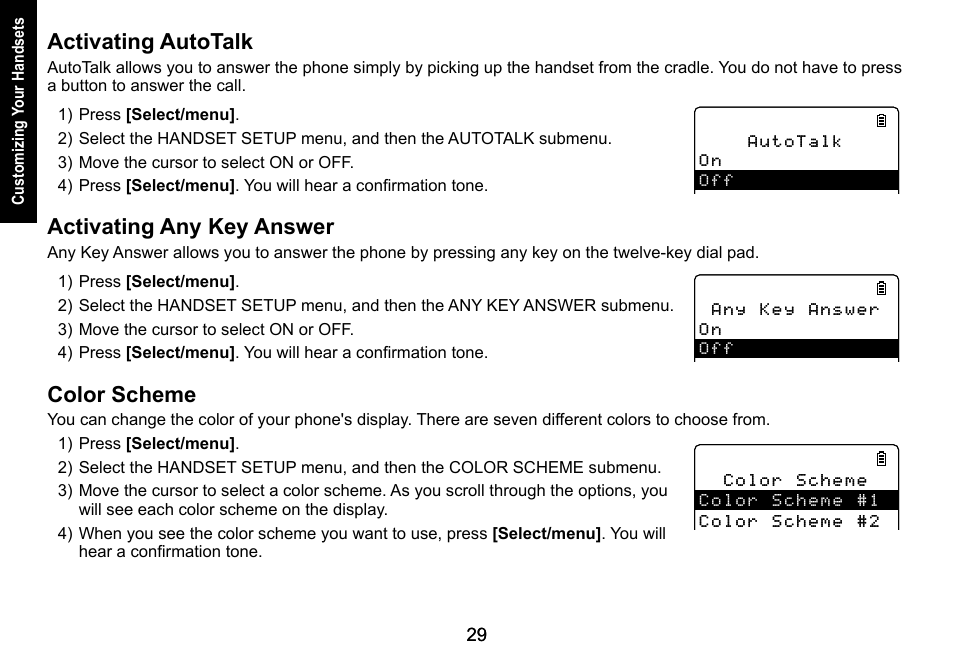 Activating autotalk, Activating any key answer, Color scheme | Uniden DECT3080 User Manual | Page 30 / 68