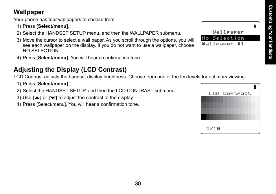 Wallpaper, Adjusting the display (lcd contrast), Wallpaper adjusting.the.display.(lcd.contrast) | Uniden DECT3080 User Manual | Page 31 / 68