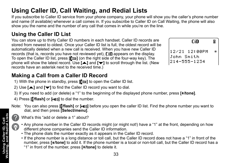 Using caller id, call waiting, and redial lists, Using the caller id list, Making a call from a caller id record | Uniden DECT3080 User Manual | Page 34 / 68