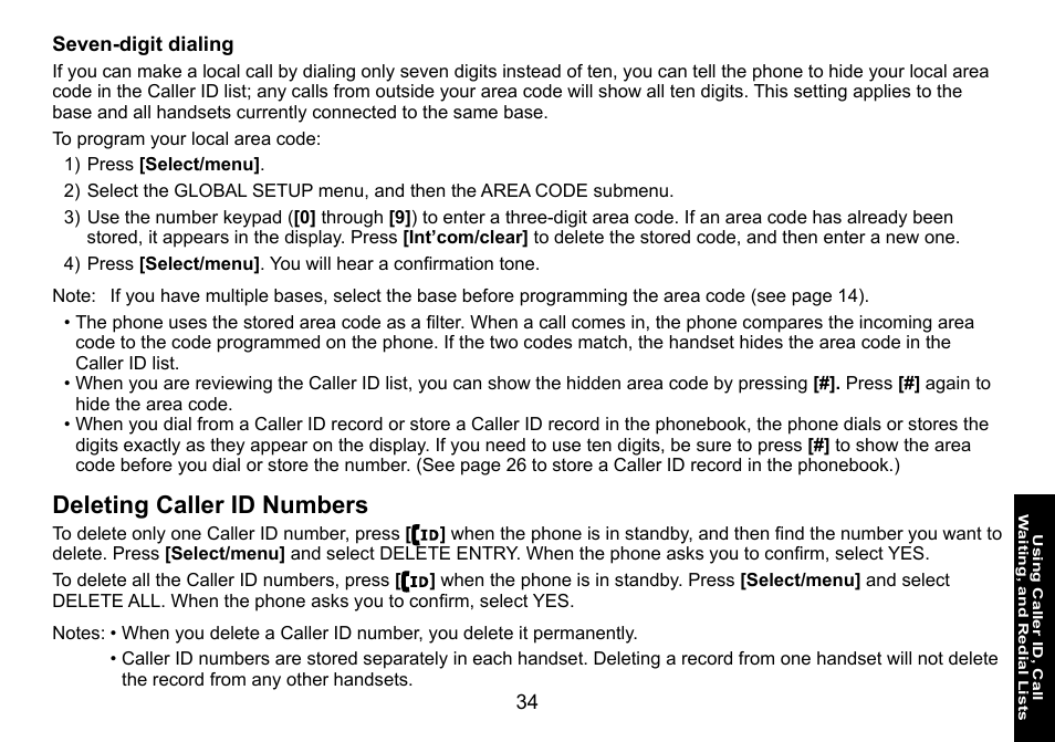 Seven-digit dialing, Deleting caller id numbers, Seven-digit.dialing | Deleting.caller.id.numbers | Uniden DECT3080 User Manual | Page 35 / 68