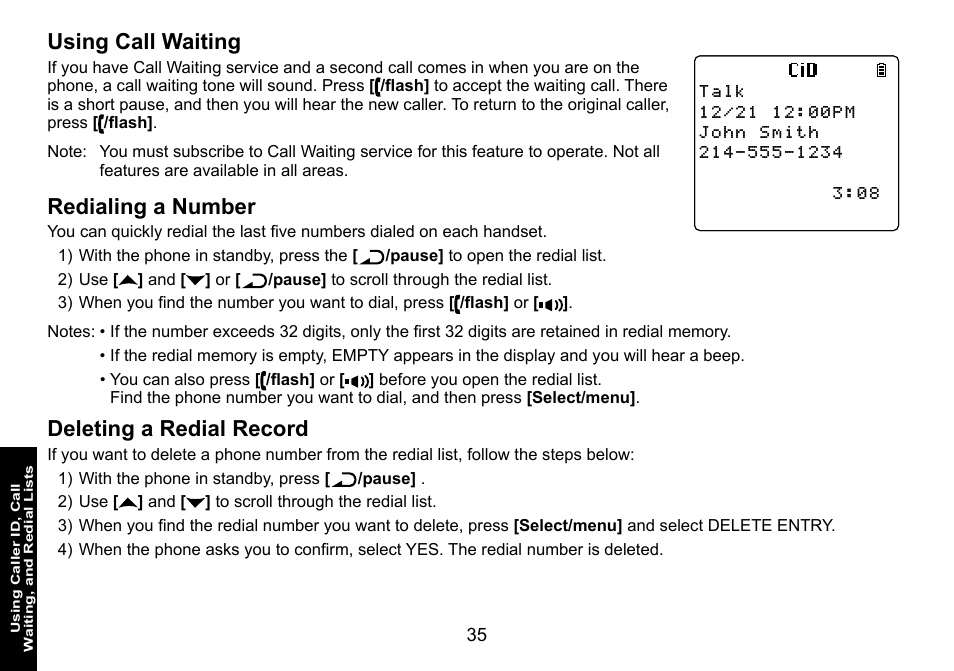 Using call waiting, Redialing a number, Deleting a redial record | Uniden DECT3080 User Manual | Page 36 / 68