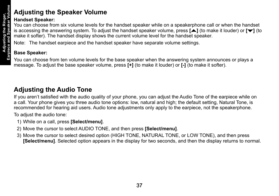 Adjusting the speaker volume, Adjusting the audio tone | Uniden DECT3080 User Manual | Page 38 / 68