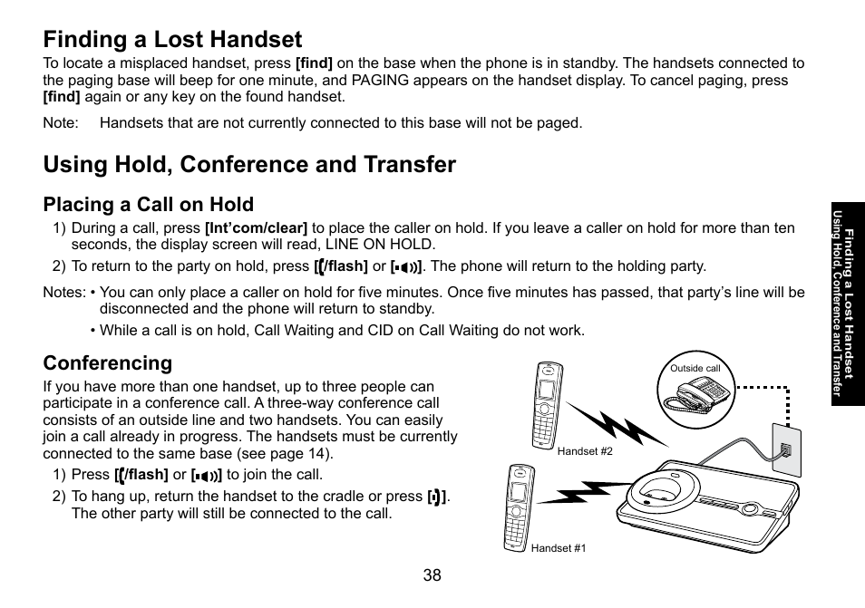 Finding a lost handset, Using hold, conference and transfer, Placing a call on hold | Conferencing, Placing.a.call.on.hold conferencing | Uniden DECT3080 User Manual | Page 39 / 68