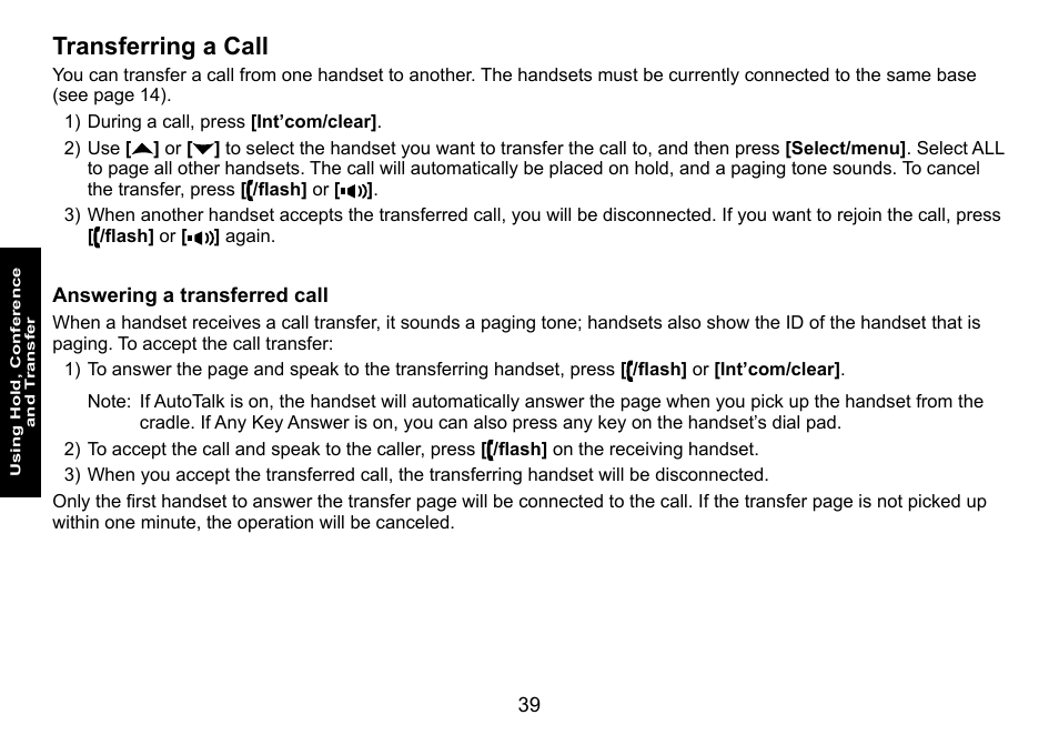 Transferring a call, Answering a transferred call, Transferring.a.call | Answering.a.transferred.call | Uniden DECT3080 User Manual | Page 40 / 68
