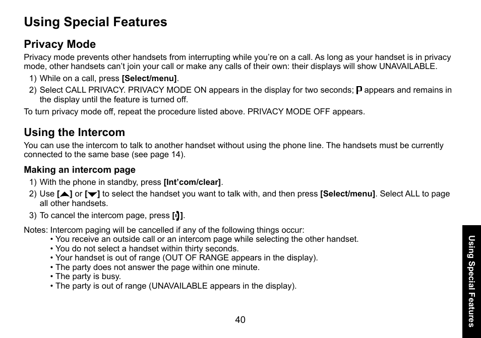 Using special features, Privacy mode, Using the intercom | Privacy.mode using.the.intercom | Uniden DECT3080 User Manual | Page 41 / 68