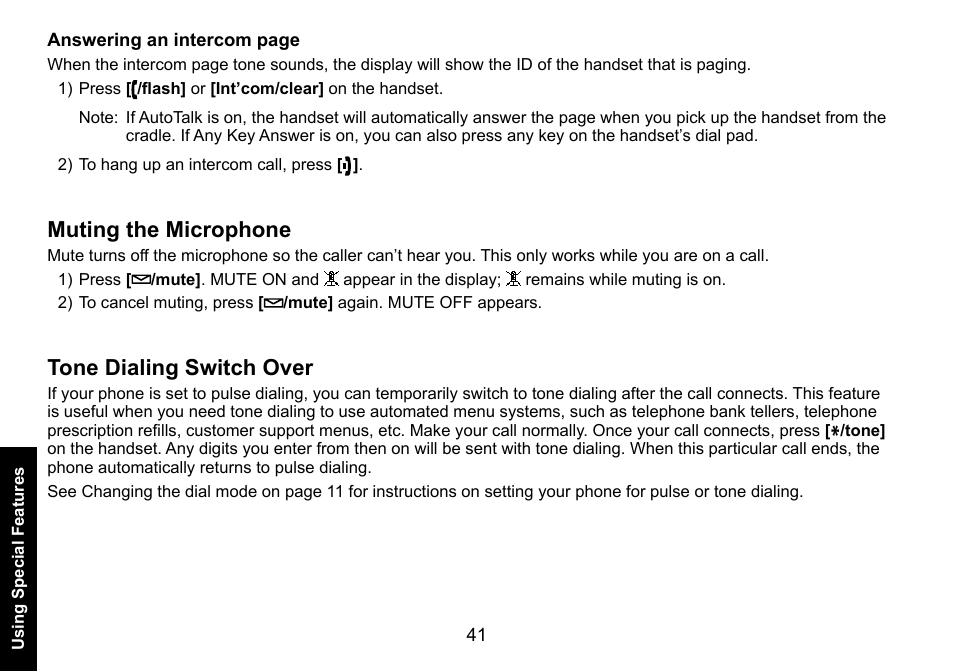 Muting the microphone, Tone dialing switch over, Muting.the.microphone  tone.dialing.switch.over | Uniden DECT3080 User Manual | Page 42 / 68