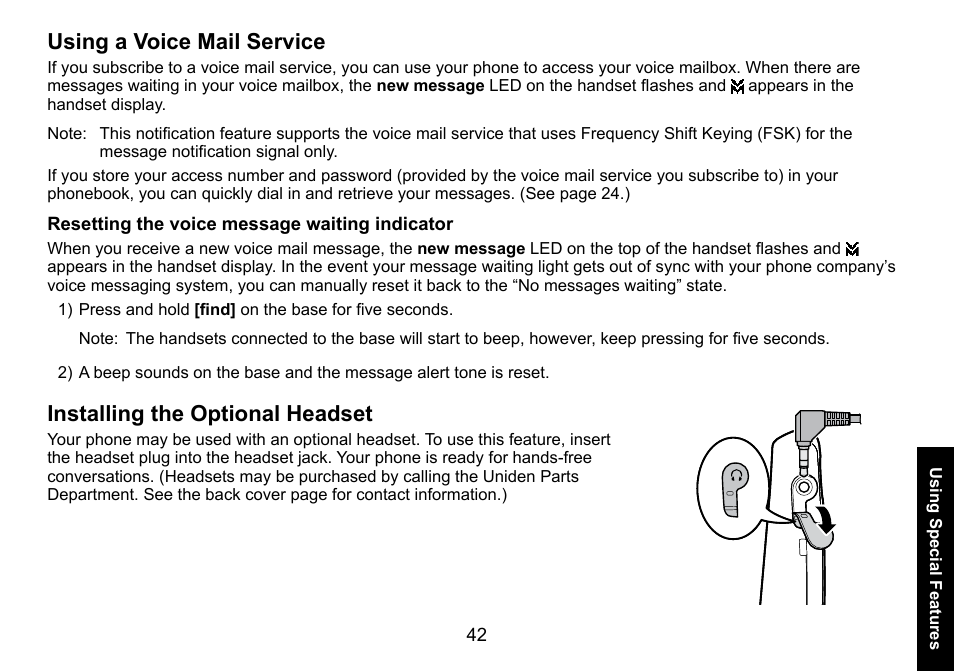 Using a voice mail service, Resetting the voice message waiting indicator, Installing the optional headset | Using.a.voice.mail.service, Resetting.the.voice.message.waiting.indicator, Installing.the.optional.headset | Uniden DECT3080 User Manual | Page 43 / 68