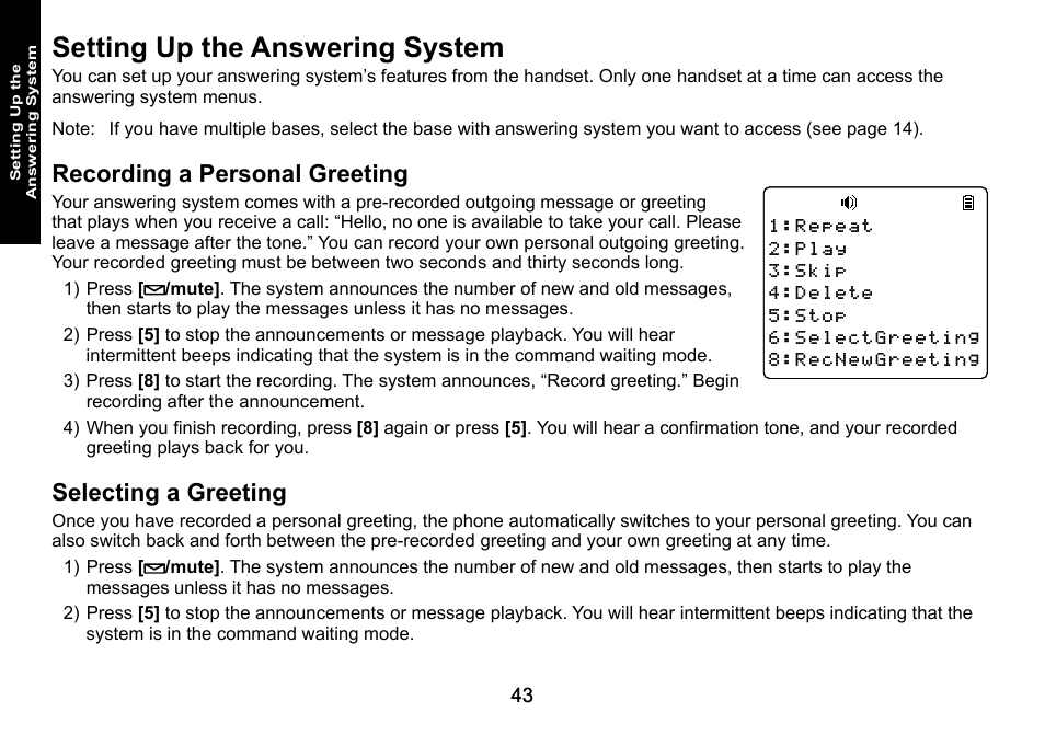 Setting up the answering system, Recording a personal greeting, Selecting a greeting | Recording.a.personal.greeting selecting.a.greeting | Uniden DECT3080 User Manual | Page 44 / 68
