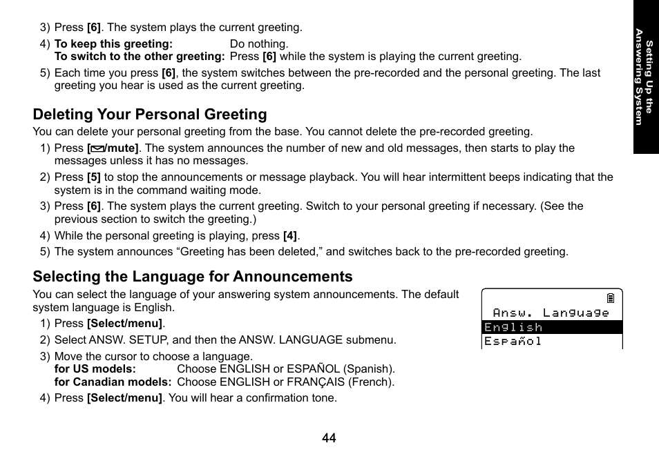 Deleting your personal greeting, Selecting the language for announcements | Uniden DECT3080 User Manual | Page 45 / 68