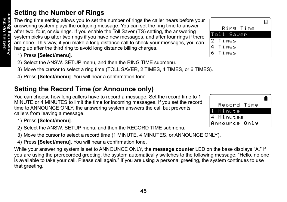 Setting the number of rings, Setting the record time (or announce only) | Uniden DECT3080 User Manual | Page 46 / 68