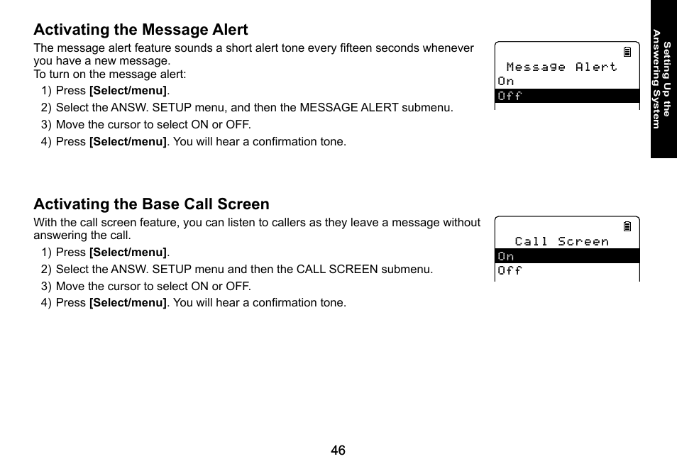 Activating the message alert, Activating the base call screen | Uniden DECT3080 User Manual | Page 47 / 68