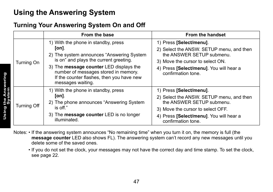 Using the answering system, Turning your answering system on and off, Turning.your.answering.system.on.and.off | Uniden DECT3080 User Manual | Page 48 / 68