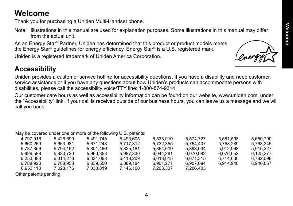 Welcome, Accessibility | Uniden DECT3080 User Manual | Page 5 / 68