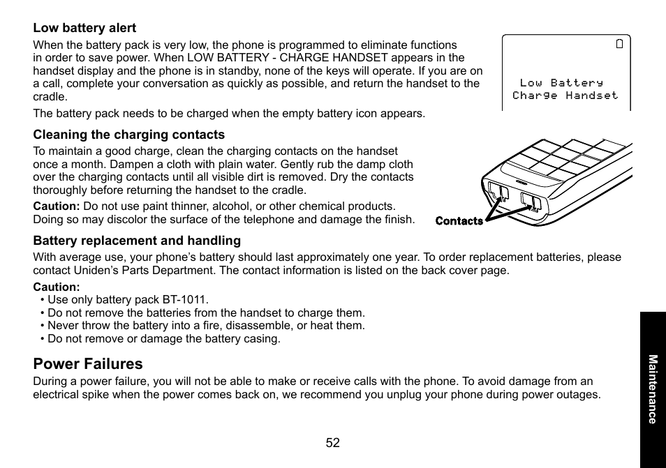 Low battery alert, Cleaning the charging contacts, Battery replacement and handling | Power failures, Power.failures, Low.battery.alert | Uniden DECT3080 User Manual | Page 53 / 68