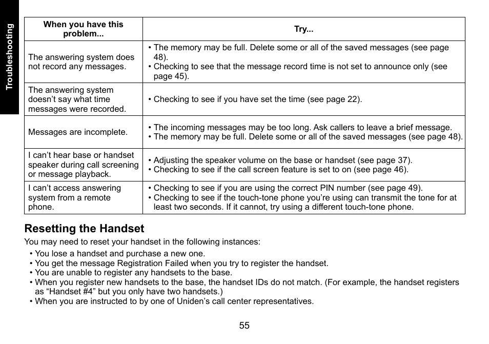 Resetting the handset, Resetting.the.handset | Uniden DECT3080 User Manual | Page 56 / 68
