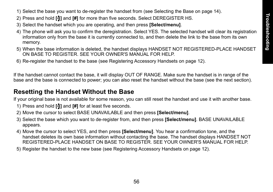 Resetting the handset without the base, Resetting.the.handset.without.the.base | Uniden DECT3080 User Manual | Page 57 / 68