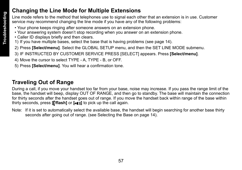 Changing the line mode for multiple extensions, Traveling out of range | Uniden DECT3080 User Manual | Page 58 / 68