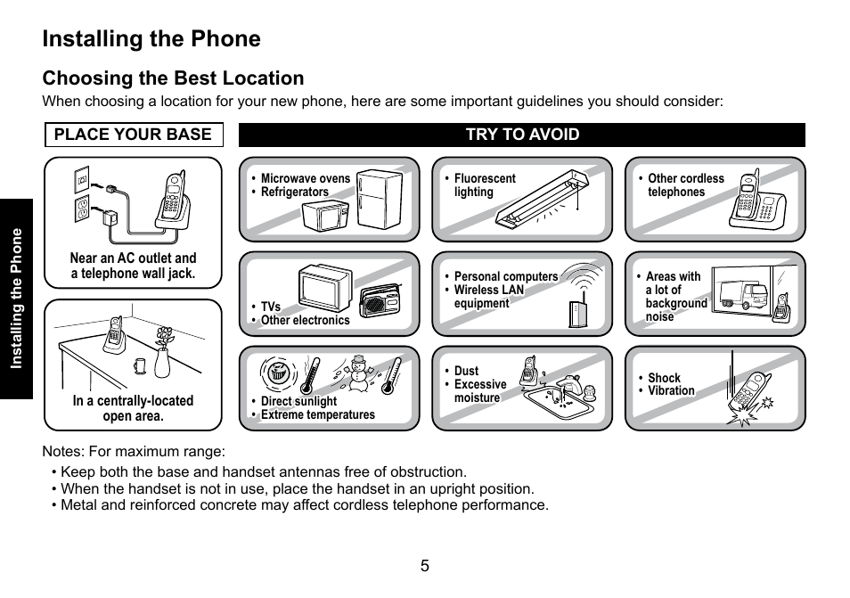 Installing the phone, Choosing the best location, Choosing.the.best.location | Uniden DECT3080 User Manual | Page 6 / 68