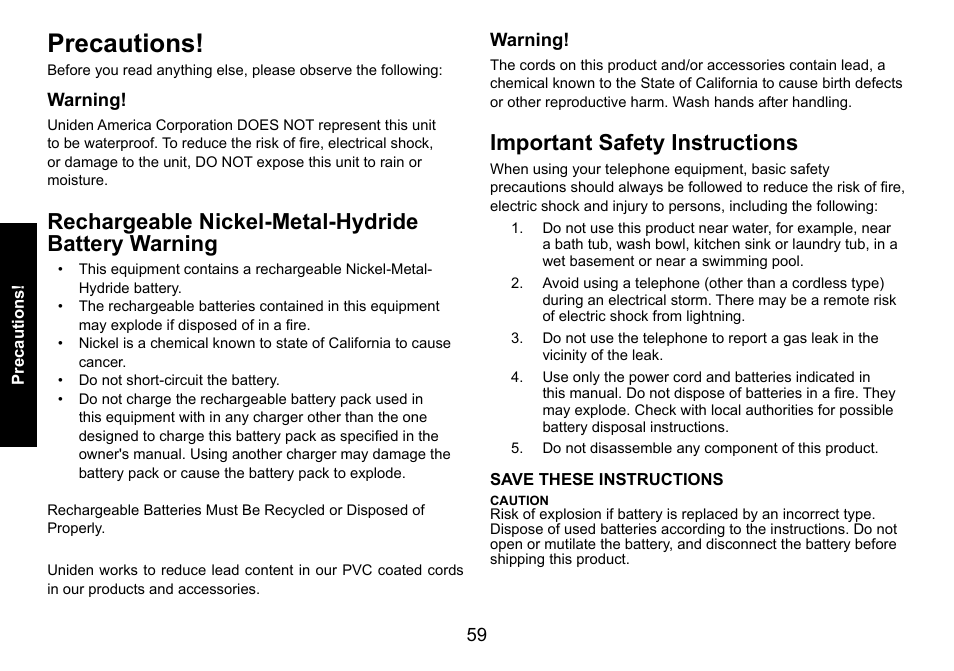 Precautions, Rechargeable nickel-metal-hydride battery warning, Important safety instructions | Rechargeable.nickel-metal-hydride.battery, Warning, Important.safety.instructions | Uniden DECT3080 User Manual | Page 60 / 68