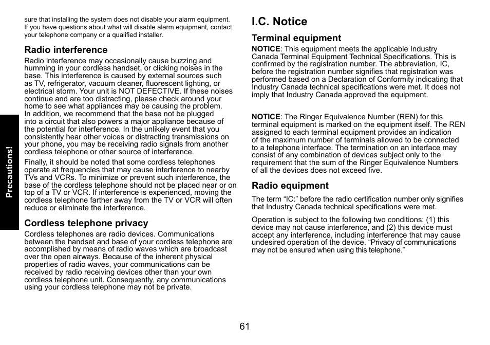 Radio interference, Cordless telephone privacy, I.c. notice | Terminal equipment, Radio equipment, Radio.interference  cordless.telephone.privacy, I.c..notice, Terminal.equipment  radio.equipment | Uniden DECT3080 User Manual | Page 62 / 68