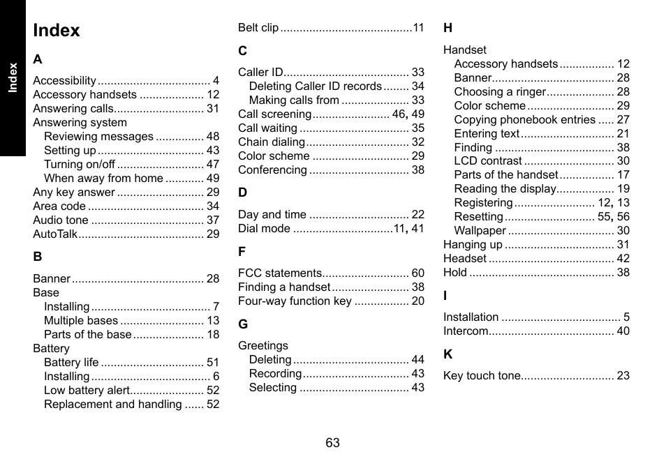 Index | Uniden DECT3080 User Manual | Page 64 / 68