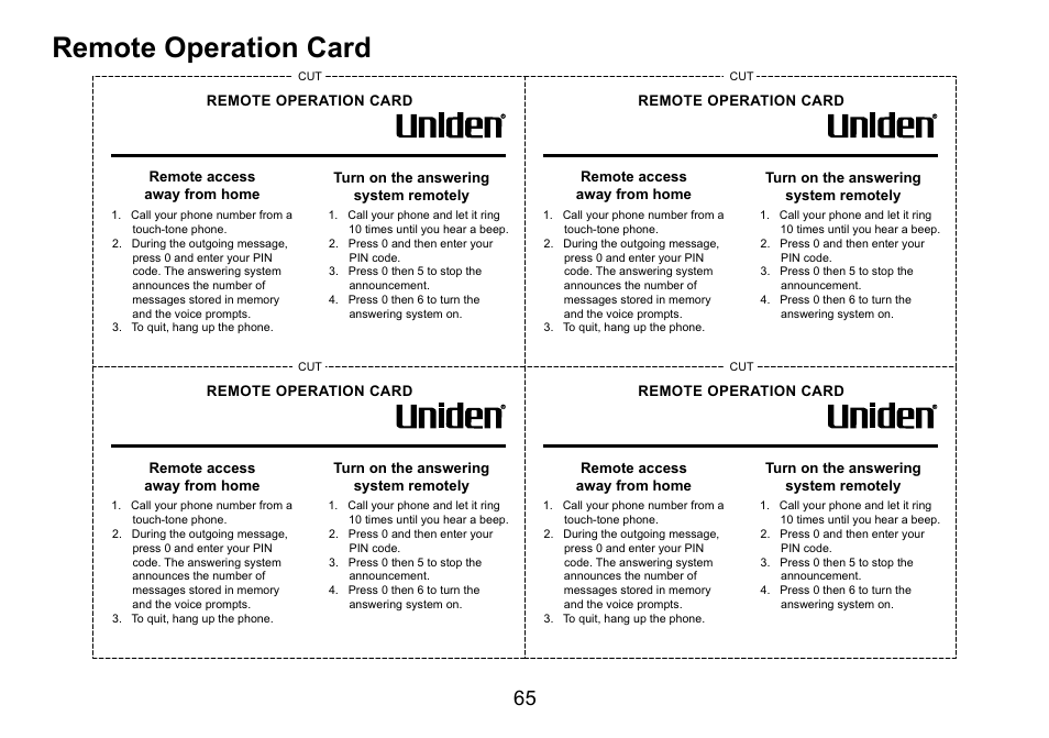 Remote operation card | Uniden DECT3080 User Manual | Page 66 / 68