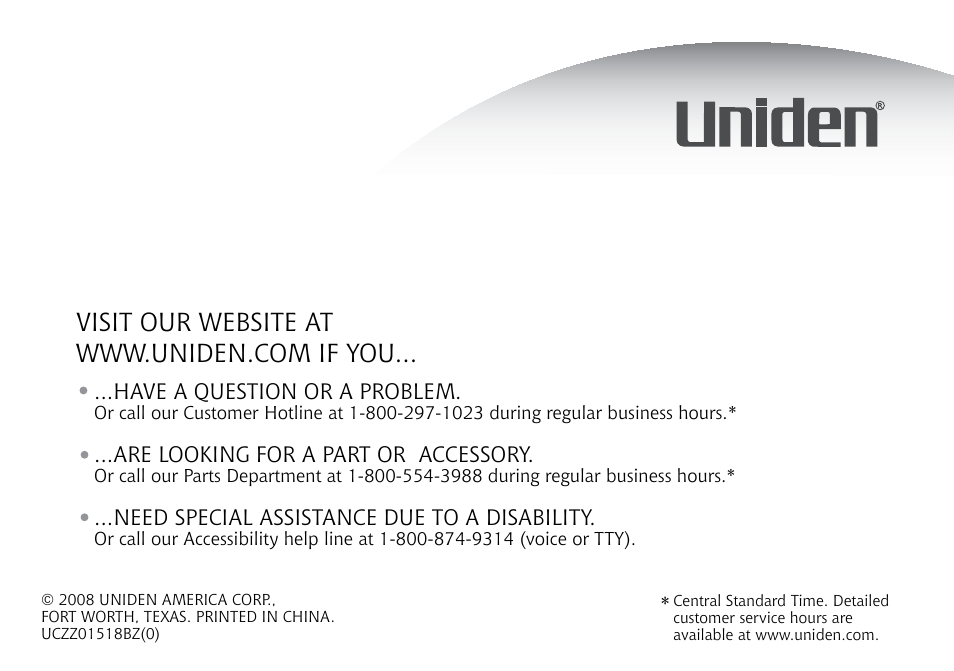 Are looking for a part or accessory, Have a question or a problem, Need special assistance due to a disability | Uniden DECT3080 User Manual | Page 68 / 68