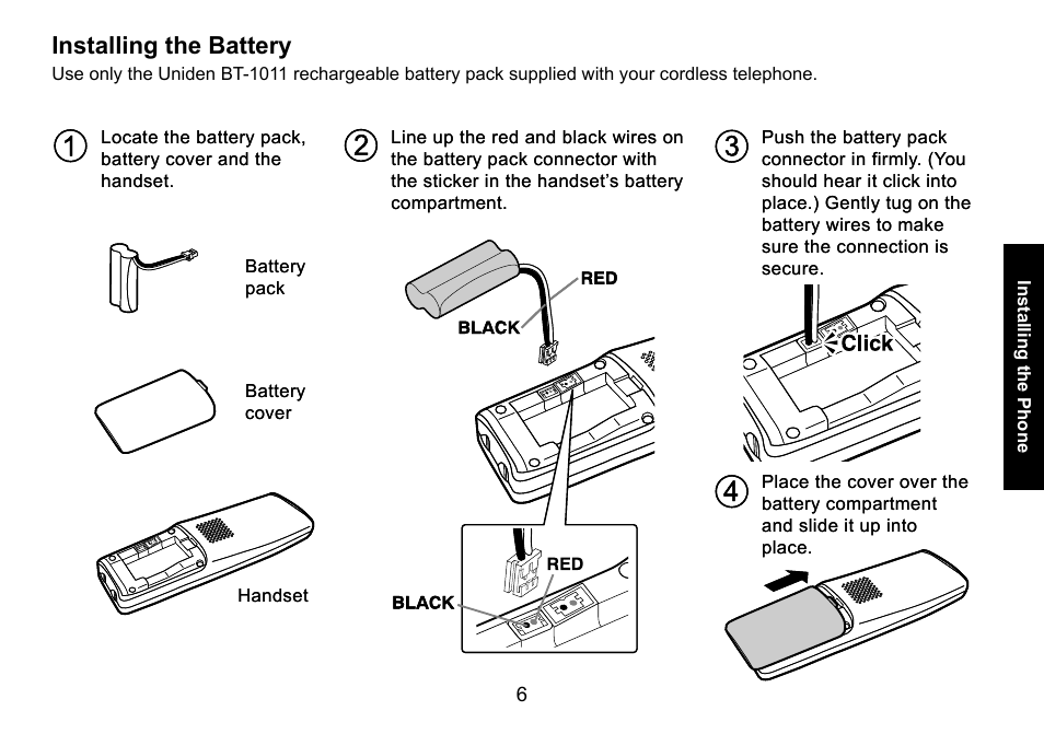 Installing the battery, Installing.the.battery | Uniden DECT3080 User Manual | Page 7 / 68