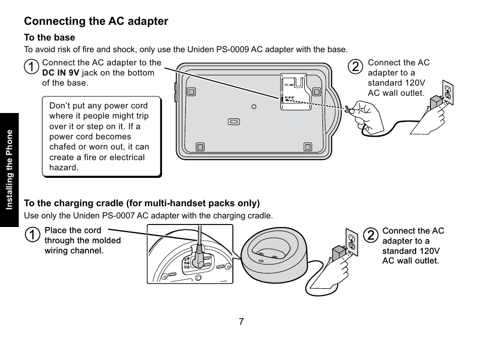 Connecting the ac adapter, To the base, Connecting.the.ac.adapter | Only) | Uniden DECT3080 User Manual | Page 8 / 68